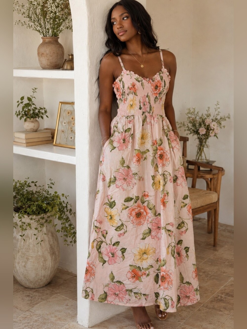 Joie Floral Smocked Maxi Dress Pink Yellow Size S Cottagecore Sundress Pockets